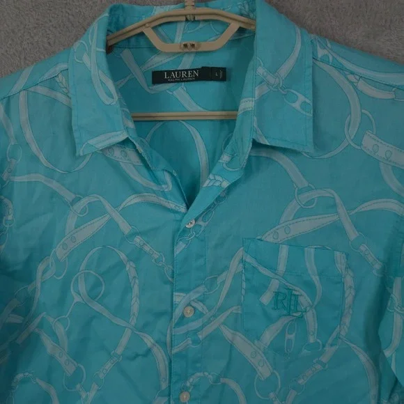 Lauren Ralph Lauren Button Up Shirt Dress Long Sleeve Top Crest Geometric Large - Picture 13 of 15